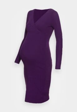 V Ausschnitt Mini Bodycon Ripp Strickkleid - Gebreide Jurk - Purple