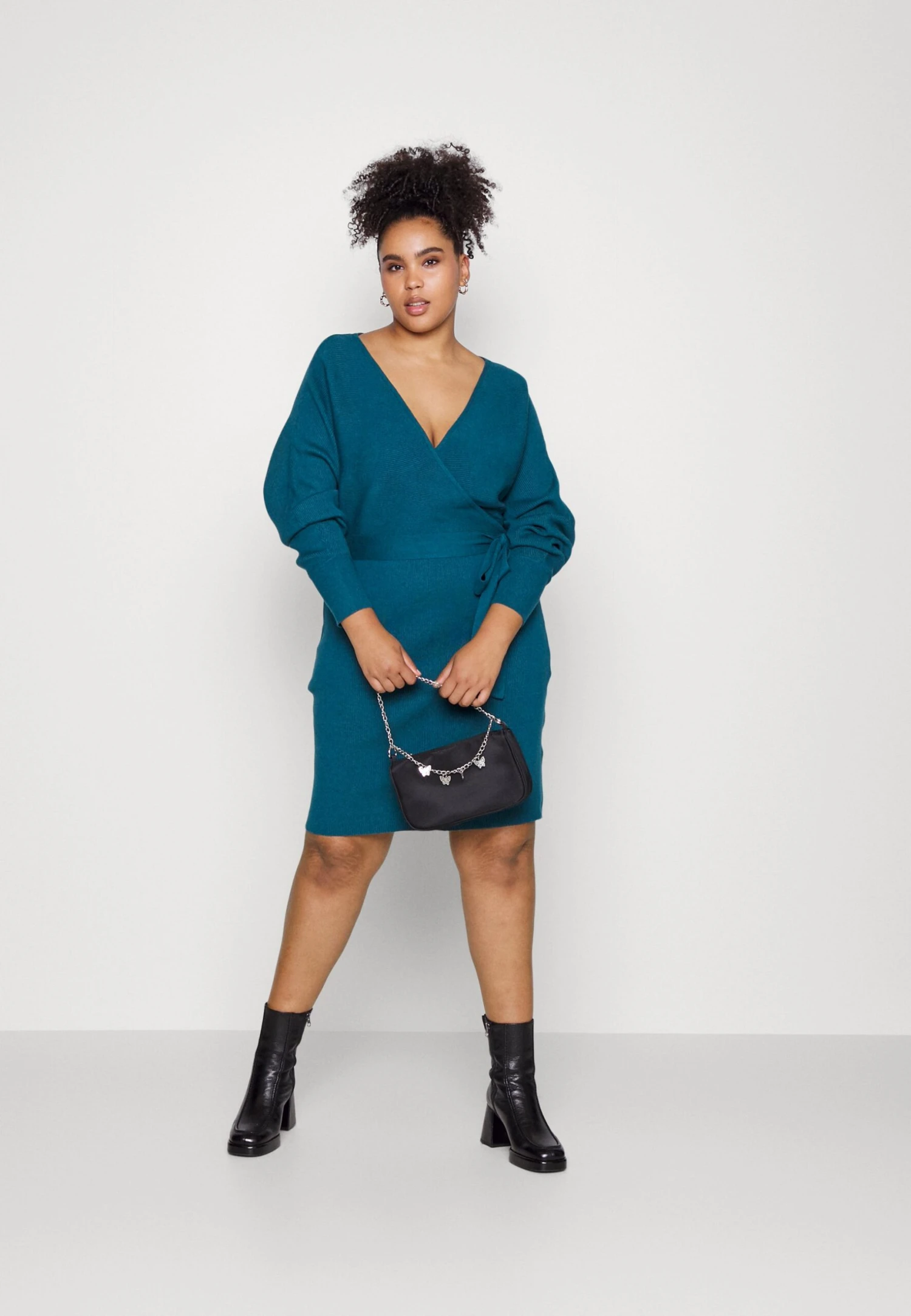 Wrap V Ausschnitt Mini Strickkleid Mit Gürtel - Gebreide Jurk - Teal 4 Wrap V Ausschnitt Mini Strickkleid Mit Gürtel - Gebreide Jurk - Teal - Afbeelding 2