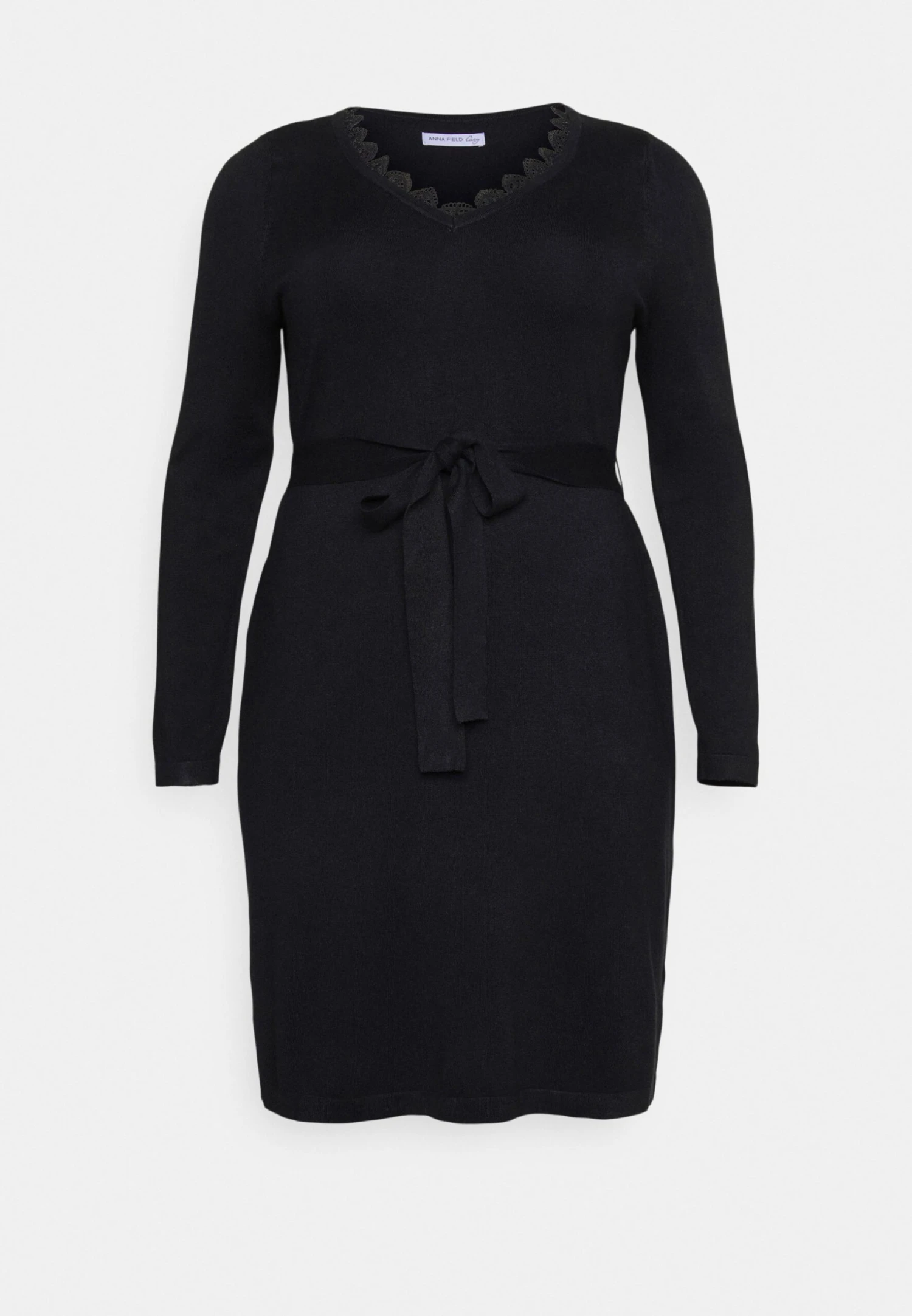 V Ausschnitt Mini Strickkleid Mit Gürtel Und Spitzeneinsatz - Gebreide Jurk - Black 7 V Ausschnitt Mini Strickkleid Mit Gürtel Und Spitzeneinsatz - Gebreide Jurk - Black - Afbeelding 5