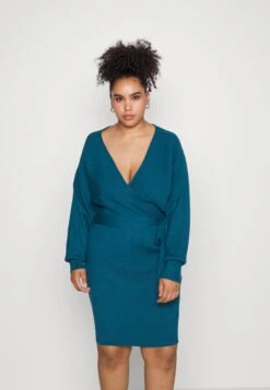 Wrap V Ausschnitt Mini Strickkleid Mit Gürtel - Gebreide Jurk - Teal