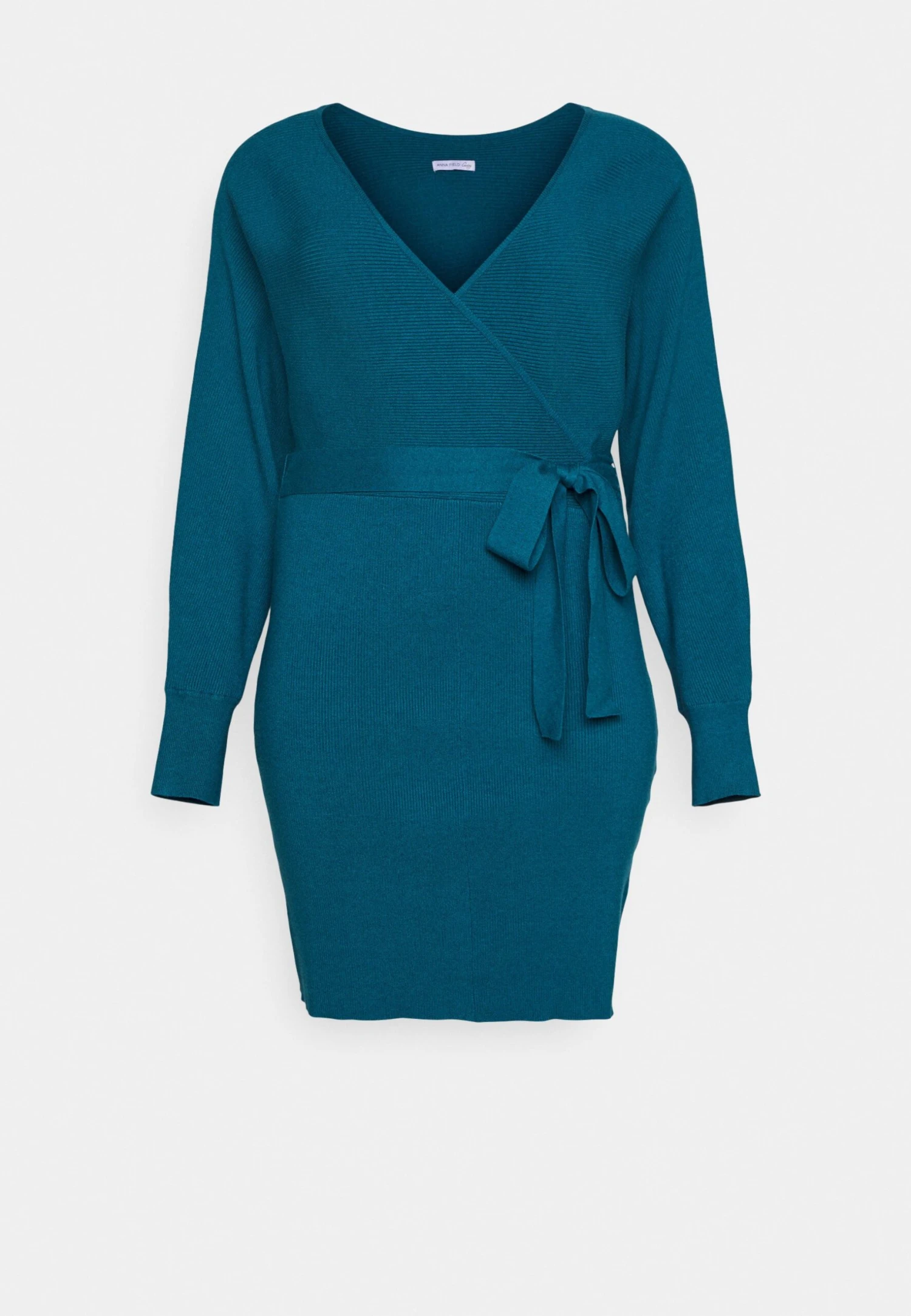 Wrap V Ausschnitt Mini Strickkleid Mit Gürtel - Gebreide Jurk - Teal 6 Wrap V Ausschnitt Mini Strickkleid Mit Gürtel - Gebreide Jurk - Teal - Afbeelding 4